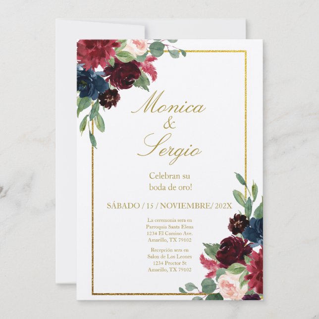 Elegant Burgundy 50th Wedding in Spanish Invitation (Front)