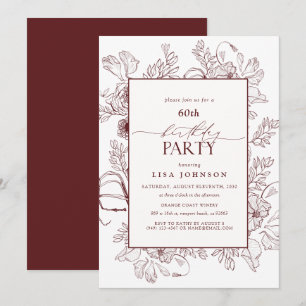 Elegant Burgundy 60th Birthday Floral Line Art  Invitation