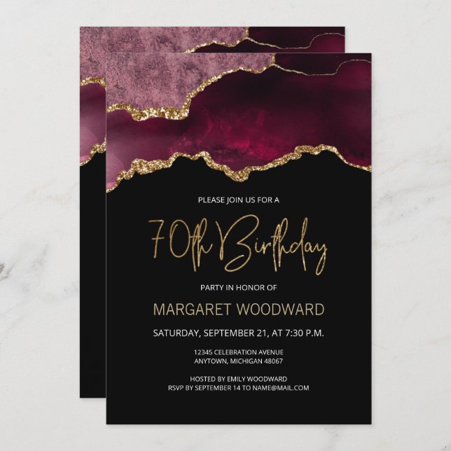 Elegant Burgundy Agate 70th Birthday Party Invitation (Front/Back)