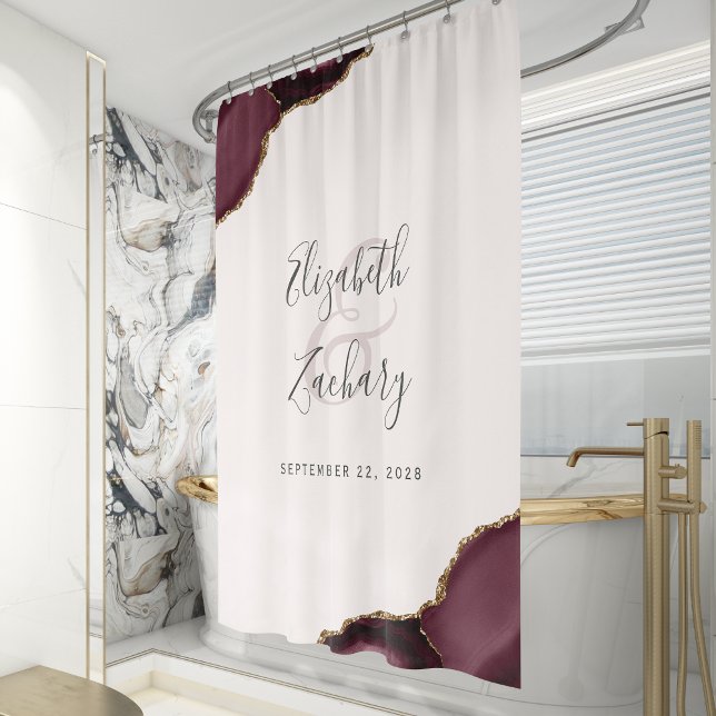 Elegant Burgundy Agate Blush Gold Wedding Shower Curtain (Creator Uploaded)