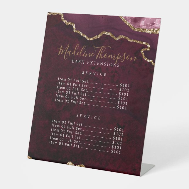 Elegant Burgundy Agate Geode Marble Services Price Pedestal Sign (Front)