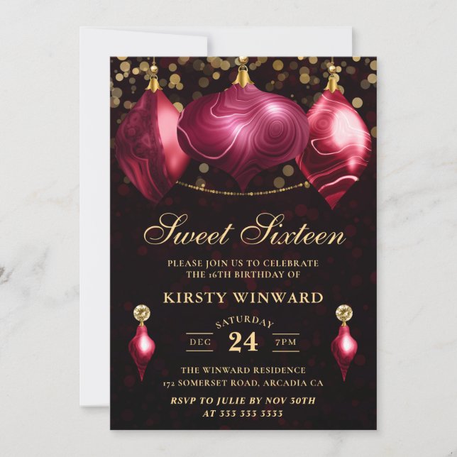 Elegant Burgundy Agate Winter Baubles Sweet 16 Invitation (Front)