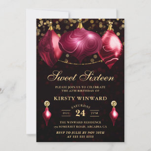Elegant Burgundy Agate Winter Baubles Sweet 16 Invitation