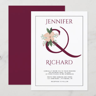 Elegant burgundy ampersand and pink flower wedding invitation