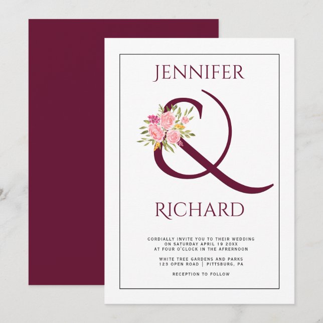 Elegant burgundy ampersand and pink roses wedding invitation (Front/Back)