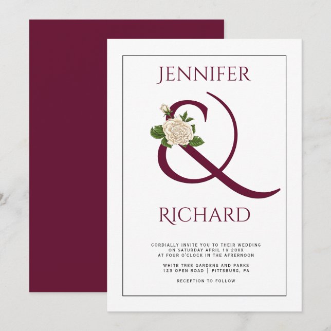 Elegant burgundy ampersand and white rose wedding invitation (Front/Back)