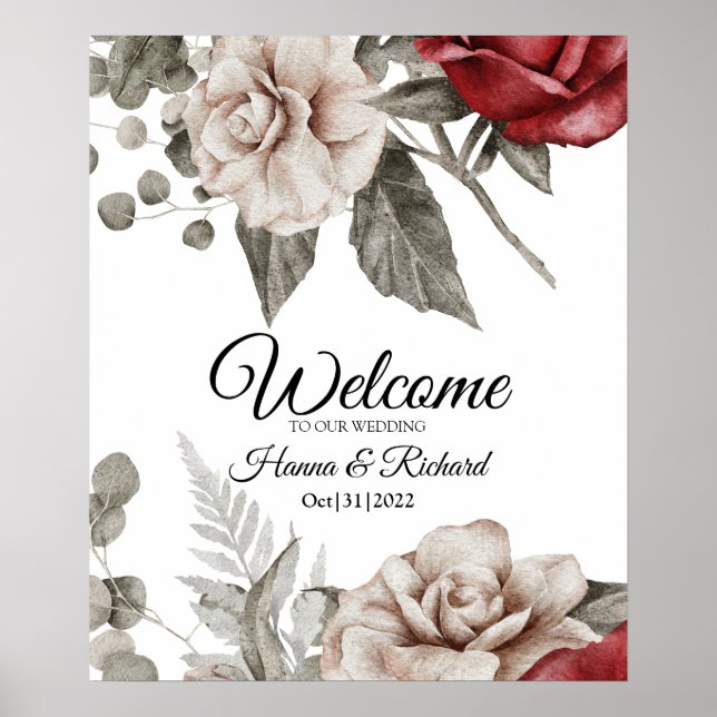 Elegant Burgundy and Beige Wedding Welcome Sign (Front)
