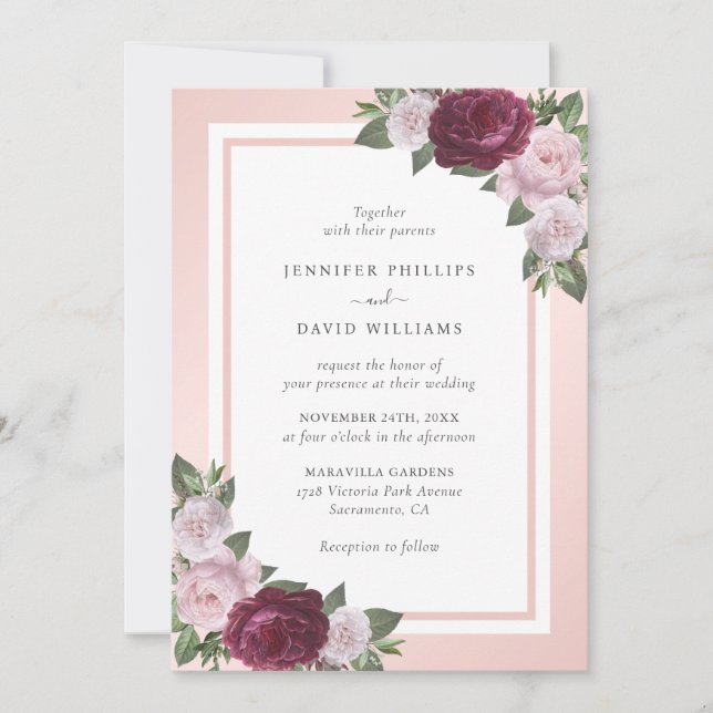 Elegant Burgundy and Blush Floral Wedding Invitation (Front)