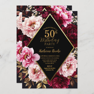Elegant Burgundy and Blush Peony Floral Birthday Invitation
