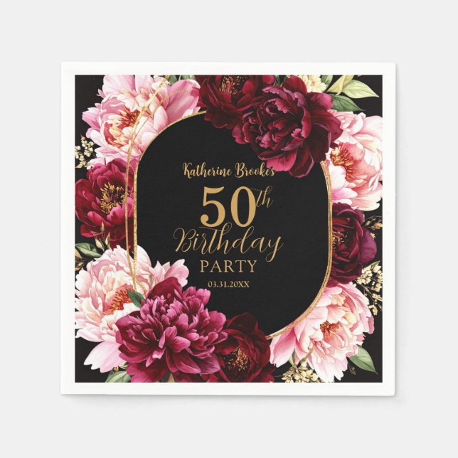 Elegant Burgundy and Blush Peony Floral Birthday Napkin (Front)