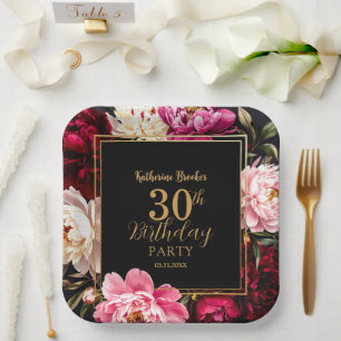 Elegant Burgundy and Blush Peony Floral Birthday Paper Plate
