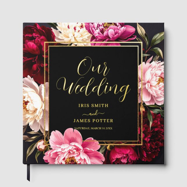 Elegant Burgundy and Blush Peony Floral Wedding Guest Book (Front)