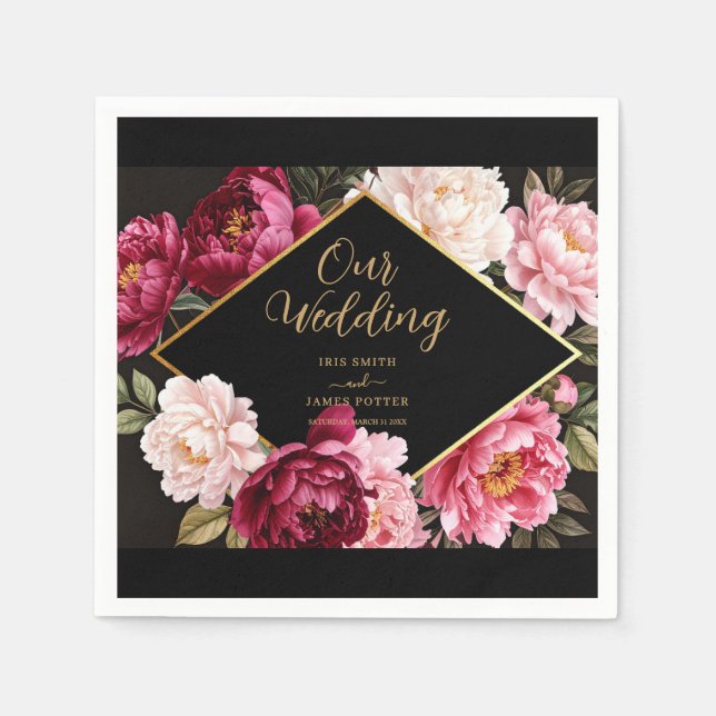 Elegant Burgundy and Blush Peony Floral Wedding Napkin (Front)