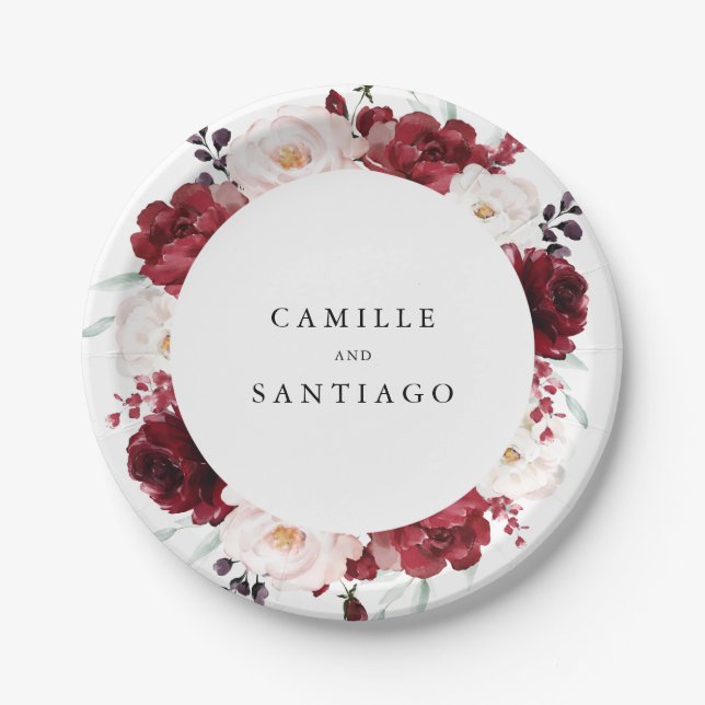Elegant Burgundy and Blush Pink Floral Wedding Paper Plate (Front)