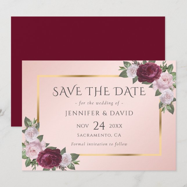 Elegant Burgundy and Blush Wedding Save The Date (Front/Back)