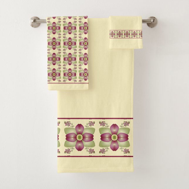 Elegant Burgundy And Cream Floral Bath Towel Set (Insitu)