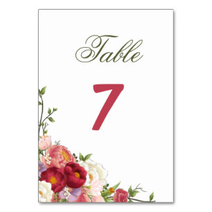 Elegant Burgundy and Crimson Blush Floral Wedding Table Number