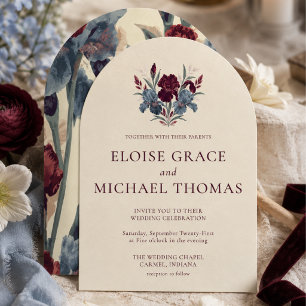 Elegant Burgundy and Dusty Blue Iris Arch Wedding Invitation