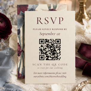 Elegant Burgundy and Dusty Blue QR Code Wedding RSVP Card