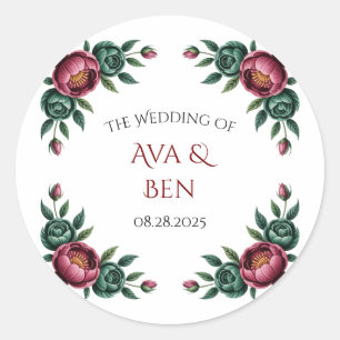 Elegant Burgundy and Emerald Peony Wedding Classic Round Sticker