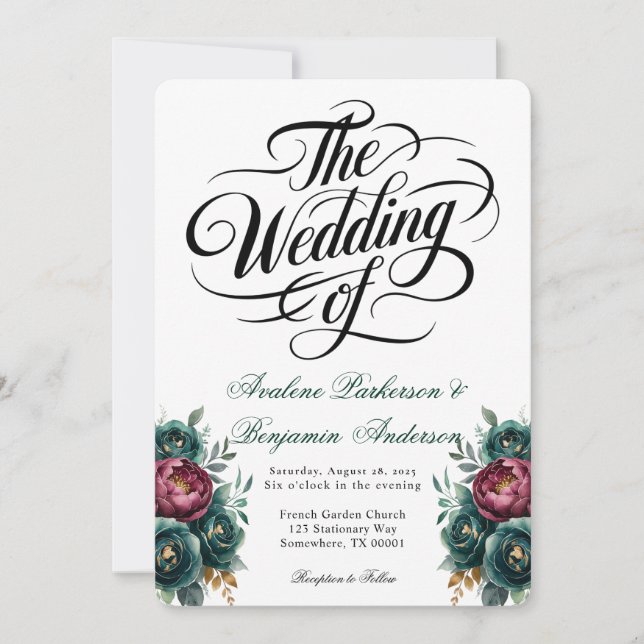 Elegant Burgundy and Emerald Peony Wedding Invitation (Front)