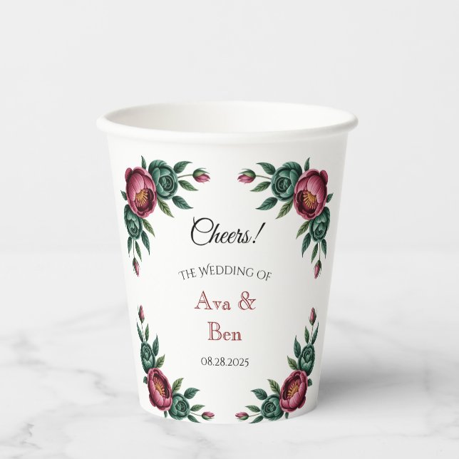 Elegant Burgundy and Emerald Peony Wedding Paper Cups (Front)
