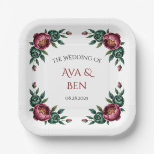 Elegant Burgundy and Emerald Peony Wedding Paper Plate