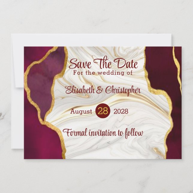 Elegant Burgundy and Gold Agate Save The Date Card (Front)