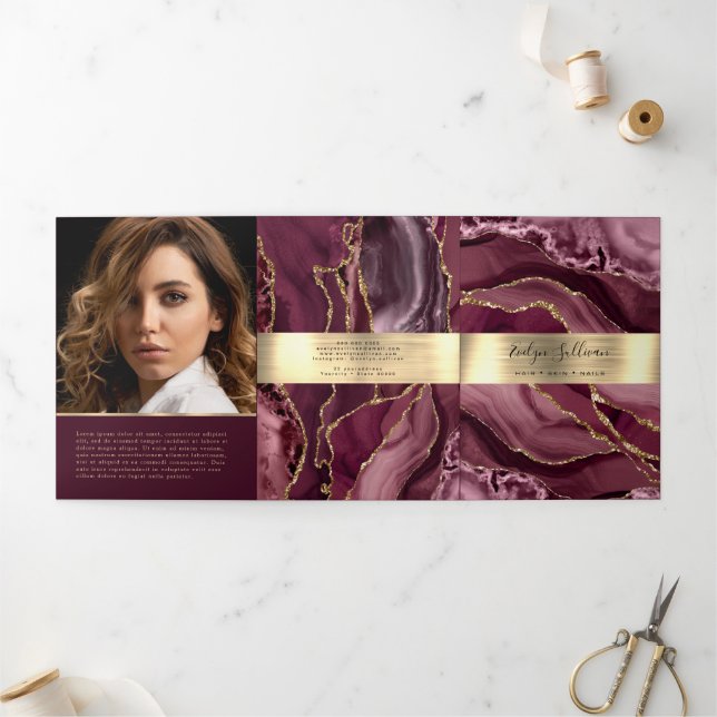 Elegant Burgundy and Gold Agate Trifold Brochure (Outside)
