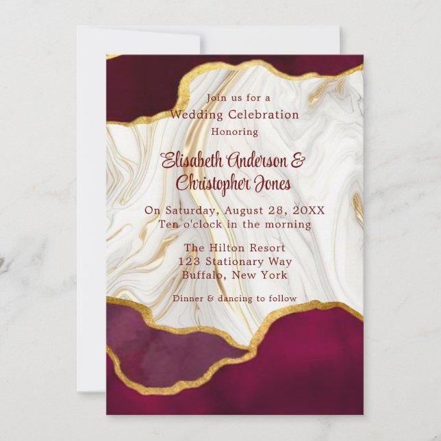Elegant Burgundy and Gold Agate Wedding Invitation (Front)