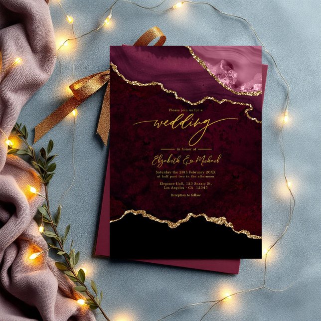 Elegant Burgundy and Gold Agate Wedding QR Code Invitation (Elegant Burgundy and Gold Agate Wedding QR Code Invitation)