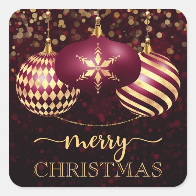 Elegant Burgundy and Gold Baubles Merry Christmas Square Sticker (Front)