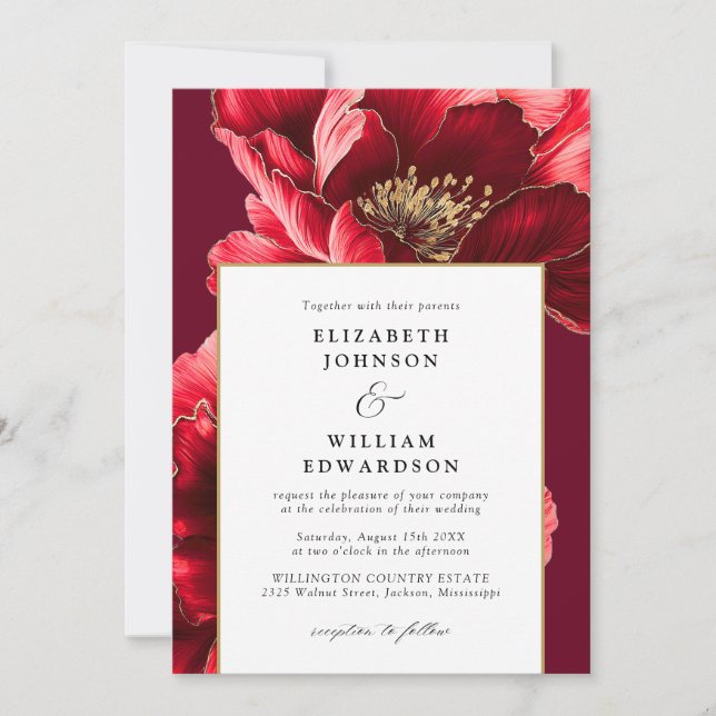 Elegant Burgundy And Gold Floral QR Code Wedding Invitation (Front)