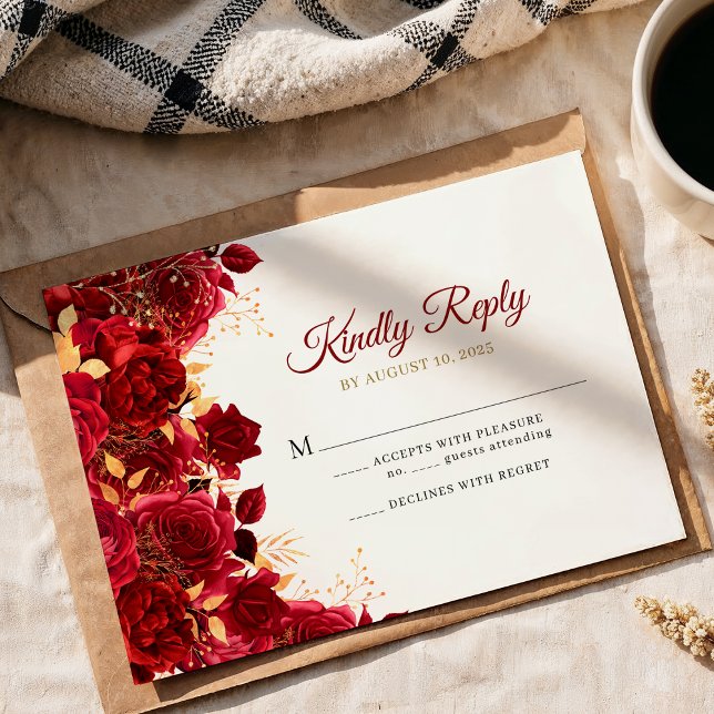 Elegant Burgundy and Gold Floral Quinceañera RSVP Card (Creator Uploaded)