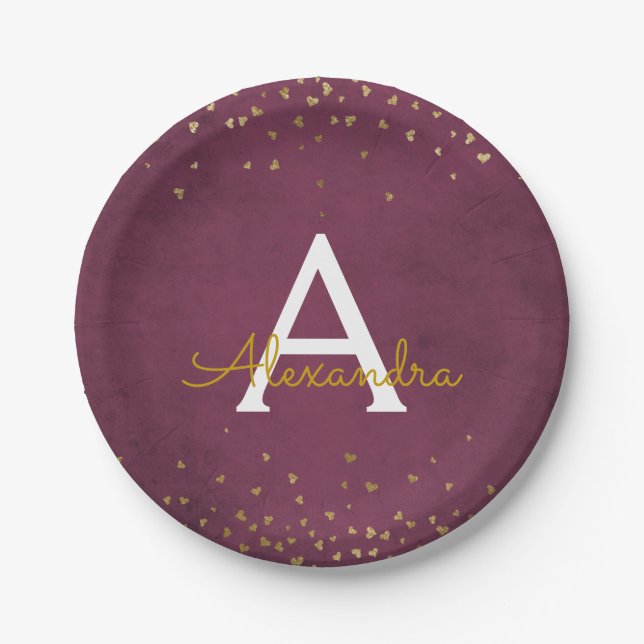 Elegant Burgundy and Gold Foil Confetti Monogram Paper Plate (Front)