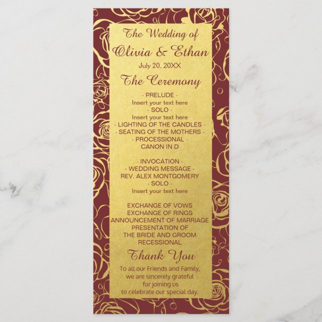 Elegant Burgundy and Gold Foil Flowers Programme (Front)