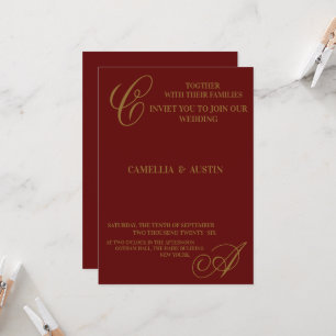 Elegant Burgundy and Gold Foil Monogram  Invitation