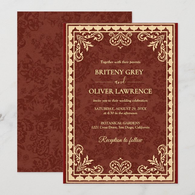 Elegant Burgundy and Gold Foil Ornate Wedding Invitation (Front/Back)