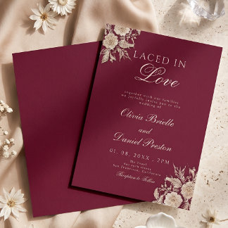 Elegant Burgundy and Gold Lace Floral Wedding Invitation