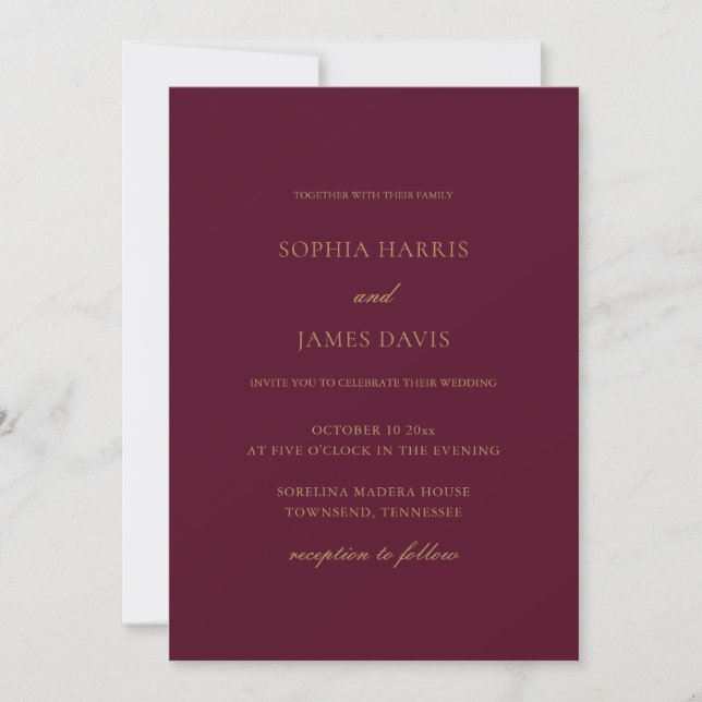 Elegant Burgundy and Gold Minimalist Wedding Invitation (Front)