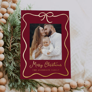 Elegant Burgundy and Gold Ribbon Bow 2 Photo Foil Holiday Card