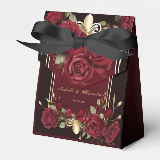 Elegant Burgundy and Gold Rose Wedding  Favour Box (Front Side)