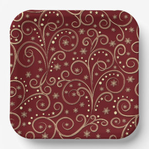 Elegant Burgundy and Gold Scroll Paper Plates