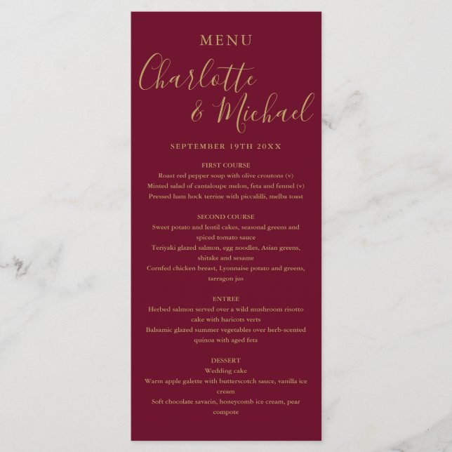 Elegant Burgundy and Gold Signature Wedding Menu (Front)