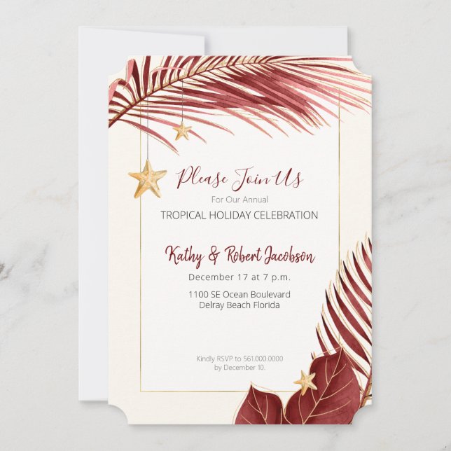 Elegant Burgundy and Gold Tropical Holiday Party Invitation (Front)