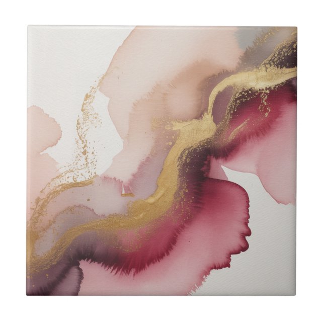 Elegant Burgundy and Gold Watercolor Art Tile (Front)