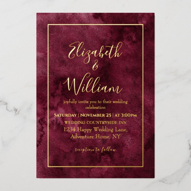 Elegant Burgundy and Gold Watercolor Wedding   (Front)