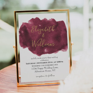 Elegant Burgundy and Gold Watercolor Wedding Invitation
