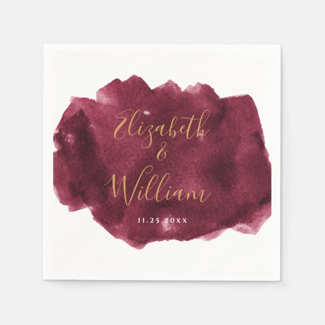 Elegant Burgundy and Gold Watercolor Wedding  Napk Napkin (Front)