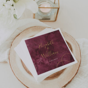 Elegant Burgundy and Gold Watercolor Wedding Napkin